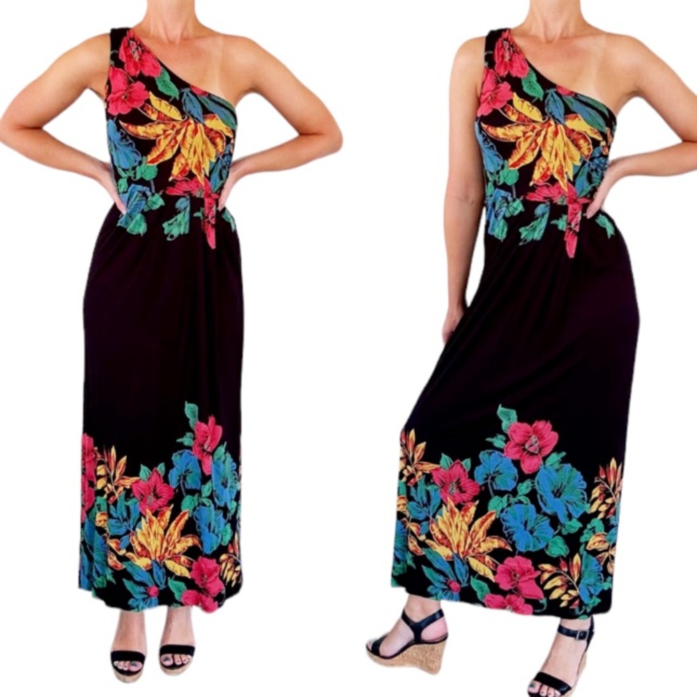 Marc Jacobs black pink tropical floral print one shoulder maxi dress size XS
